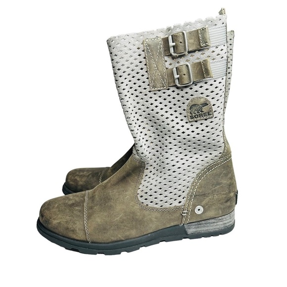 Sorel Major Pull On Perforated Laser Cut Leather Boots Beige &‎ Gray Women’s 8.5 - Picture 5 of 11